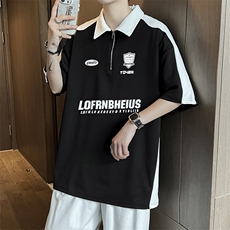 C405-P322024夏季POLO衫短袖男美式复古宽松拼接撞色翻领体恤，男装Polo衫，星座512-6