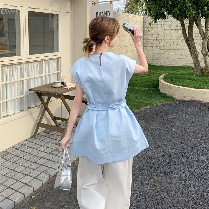 蓝色背心套装女2025超火夏日大方得体穿搭一整套休闲阔腿裤两件套,女装套装/套裙,含赞