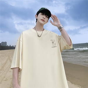 潮流美式宽松质感落肩纯棉印花短袖男T2030图片