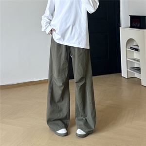 卡其色纯棉解构工装裤男款秋季设计感褶皱牛仔裤直筒阔腿弯刀长裤图片