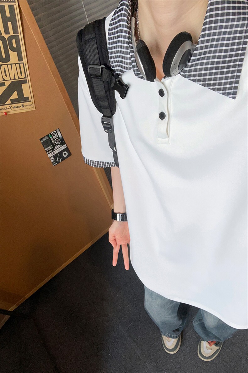 假两件格子拼接短袖T恤男夏季潮牌polo衫美式衬衫领T3652特价P30,男装T恤,电商A007