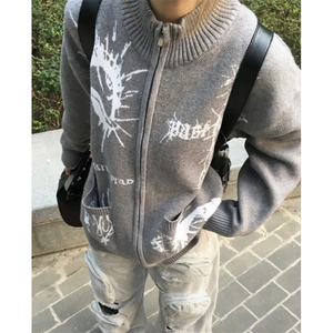 美式高街潮牌新款开衫毛衣外套男女潮牌情侣针织衫秋季毛线衣时尚图片