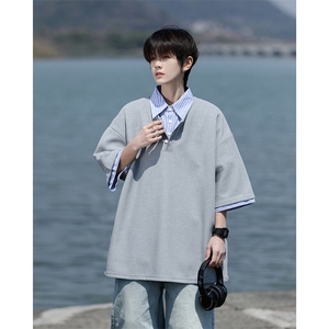 8XL-M假两件衬衫领短袖T恤大码夏季条纹拼接polo衫半袖DX1211/P45图片