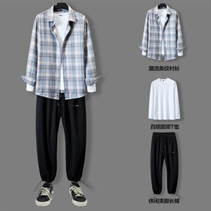 男士衬衫春秋款宽松潮流休闲运动套装男装三件套DF163T图片