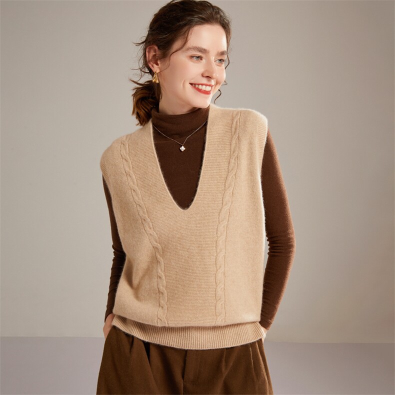 宽松加厚V领100纯羊绒衫马甲麻花背心毛衣女秋冬新款套头叠穿坎肩，女装马甲，镁纯羊绒