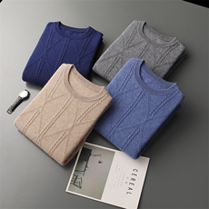 秋冬季新款舒适时尚百搭一线成衣圆领菱形格扭花35%羊绒衫，男装羊绒套衫，雅之冉羊绒