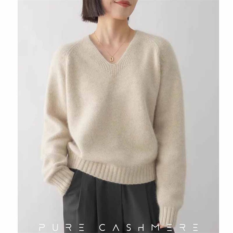 秋冬新款纯色v领针织套头上衣时尚百搭，女装羊绒衫，鹿一羊绒