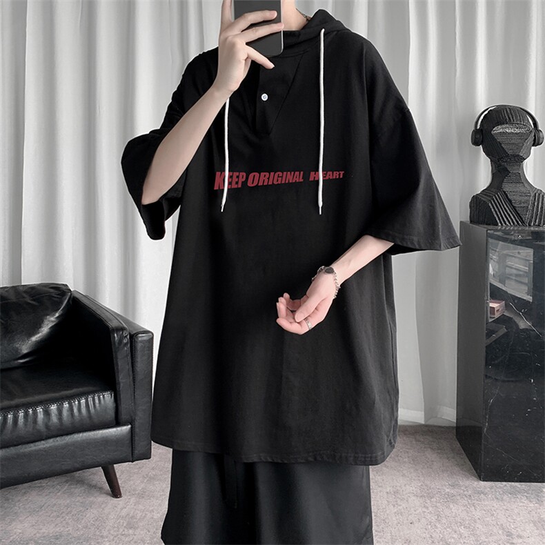 LD54071-P45连帽短袖t恤男大码胖子带帽五分袖中袖,男装T恤,电商A040