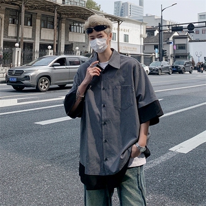 夏季日系复古假两件短袖衬衫男CityBoy休闲五分袖细条纹拼接衬衣图片