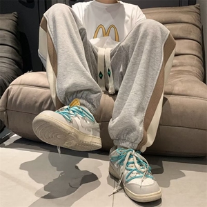 ins侧边拼色加绒运动裤男冬季加肥加大码潮宽松休闲束脚卫裤K62图片
