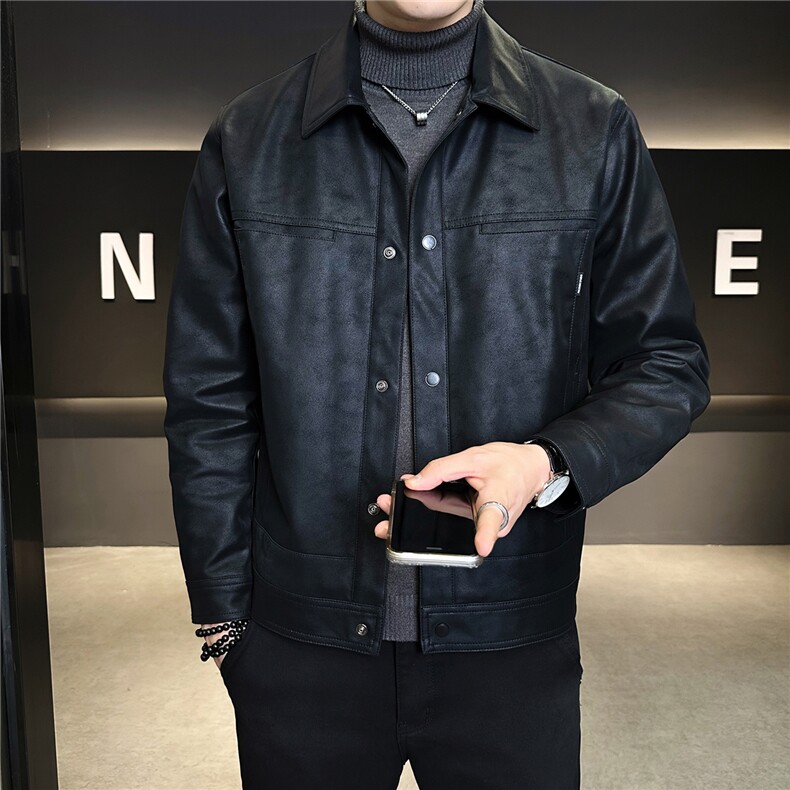 加绒加厚男士外套秋冬季2025新款翻领皮衣皮夹克A313-9958-P145,男装夹克,电商A313
