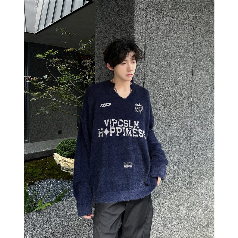 街客美式复古V领球服运动毛衣男慵懒高级感学院风针织衫外套春秋,男装针织衫/毛衣,四季星座505