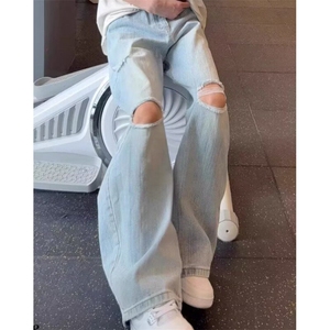 蓝色竹节纹破洞弯刀牛仔裤男女美式vibe裤子加长款微喇裤AK456图片