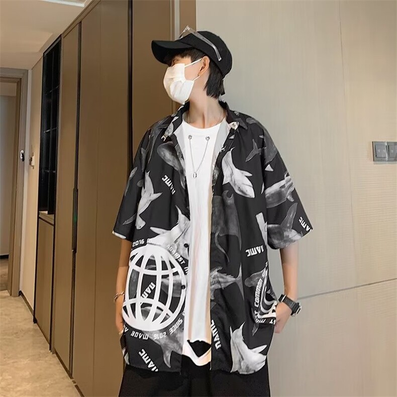 港风印花短袖衬衫男夏潮流薄款外套设计感M326-P30图片