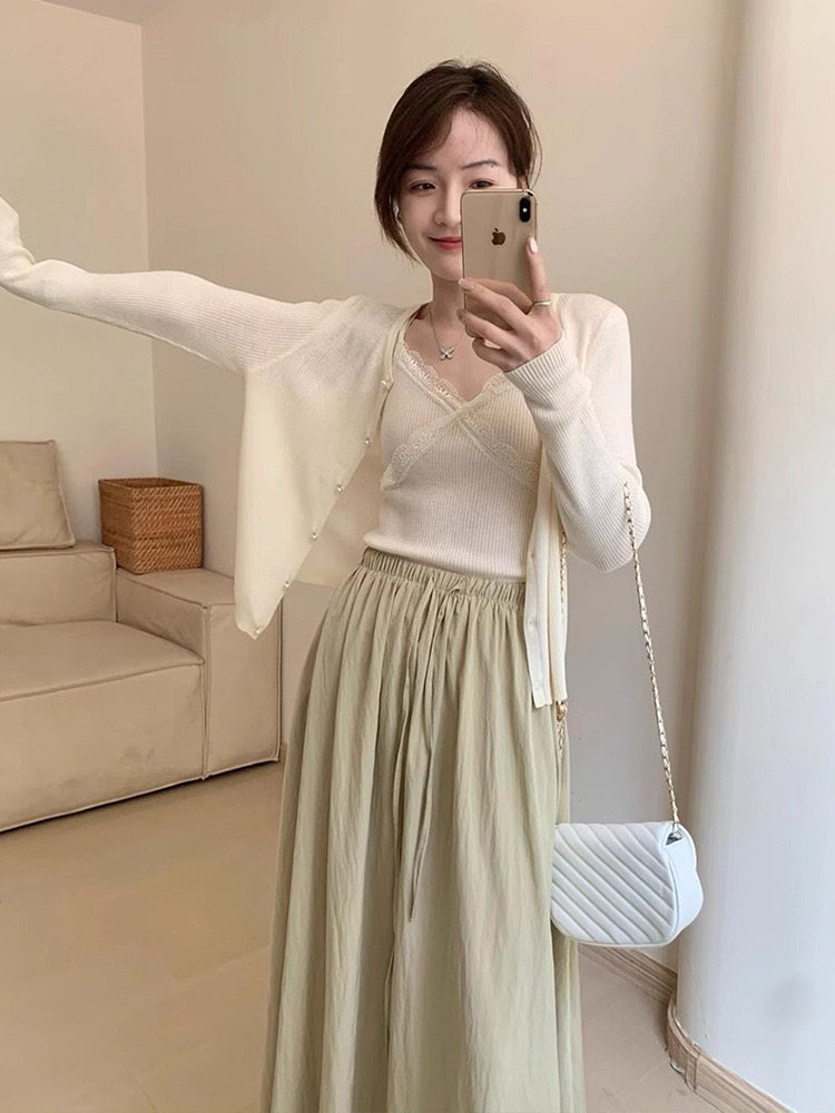 优雅气质女装羊毛衫套装显瘦蕾丝吊带开衫两件套,女装羊毛衫,圣旺供货