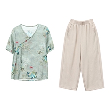 中老年棉麻套装女夏季中年女士休闲妈妈装夏装宽松大码亚麻两件套，女装T恤，涵誉