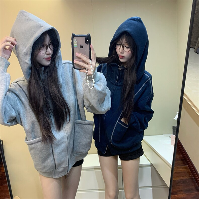 抖音得物高品质秋冬美式高街重磅结构辑明线纹理连帽卫衣外套W111,女装短外套,电商A486-1