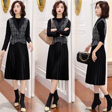 2021秋冬款小香风个性减龄连衣裙长袖纯色雅显瘦两件套，女装套装/套裙，瑶迪依秀
