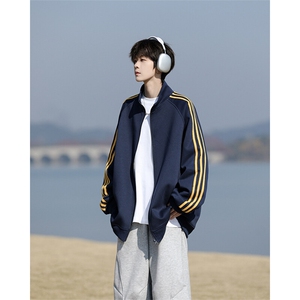8XL-M三条杠运动卫衣特大码美式条纹立领夹克开衫外套JK5205/P65图片