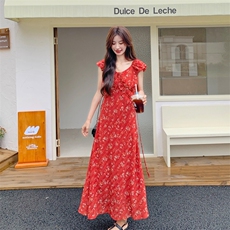 法式复古红色连衣裙女2025夏季新款超好看时尚设计感气质波点长裙，女装连衣裙，莘蕾