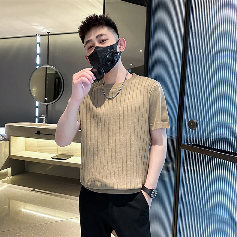 2026夏季短袖T恤圆领针织坑条上衣纯色冰丝休闲上衣T0268-P50,男装T恤,电商D342