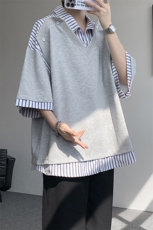 学院衬衫领t恤设计解构假两件短袖条纹拼接七分袖POLO衫DT009P50，男装T恤，电商B312