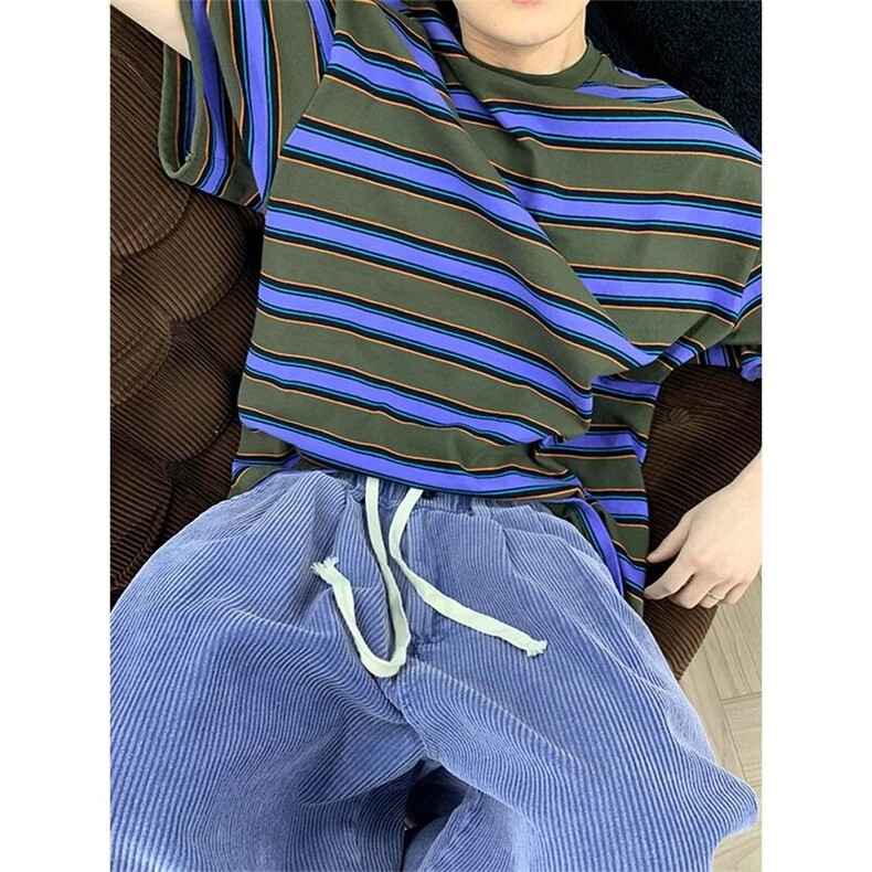 自制~现货~重磅紫色条纹短袖t恤休闲半袖上衣DX091P48,男装T恤,星座908
