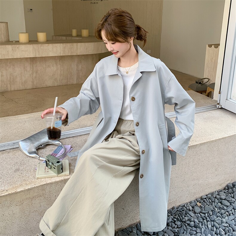 蓝色简约风衣外套女2025春季新款韩系英伦风中长款休闲大衣小个子,女装风衣,浙宝192（原082）