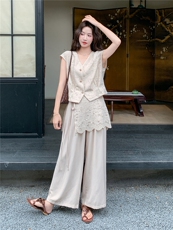 轻熟风气质套装女2026夏季薄款蕾丝上衣显瘦阔腿裤两件套，女装套装/套裙，冬木谷雨