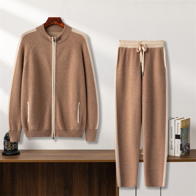 新款百搭七针双股虚提双色套装，男装休闲套装，台绒羊绒