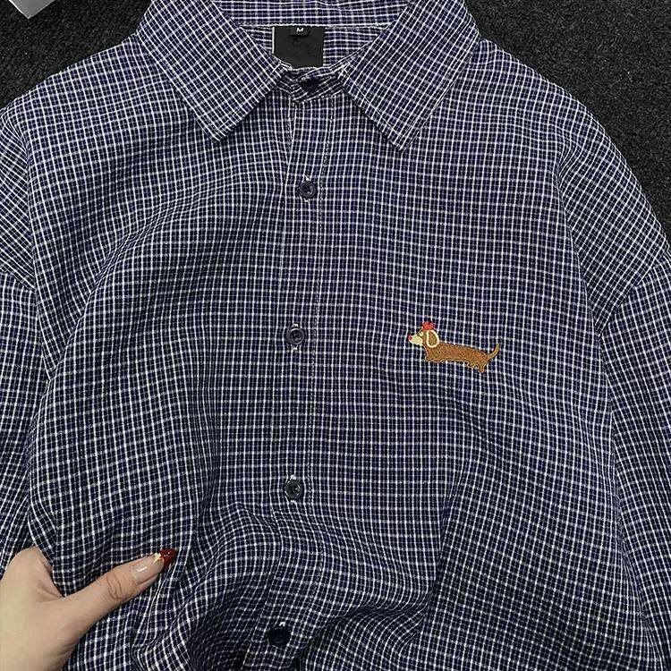 TC639-P45新款藏青格子衬衫外套女宽松刺绣翻领外搭长袖衬衣ins，女装衬衫，星座617A-2