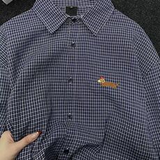 TC639-P45新款藏青格子衬衫外套女宽松刺绣翻领外搭长袖衬衣ins，女装衬衫，星座617A-2