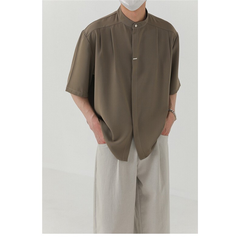 高级感垂感新中式立领短袖衬衫男夏季薄款五分袖衬衣AA6736-P35，男装T恤，星座208-5