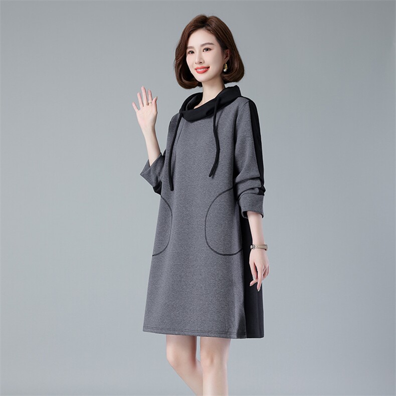 现货2023秋季宽松大码撞色连帽长袖中长款连衣裙,女装连衣裙,深水步