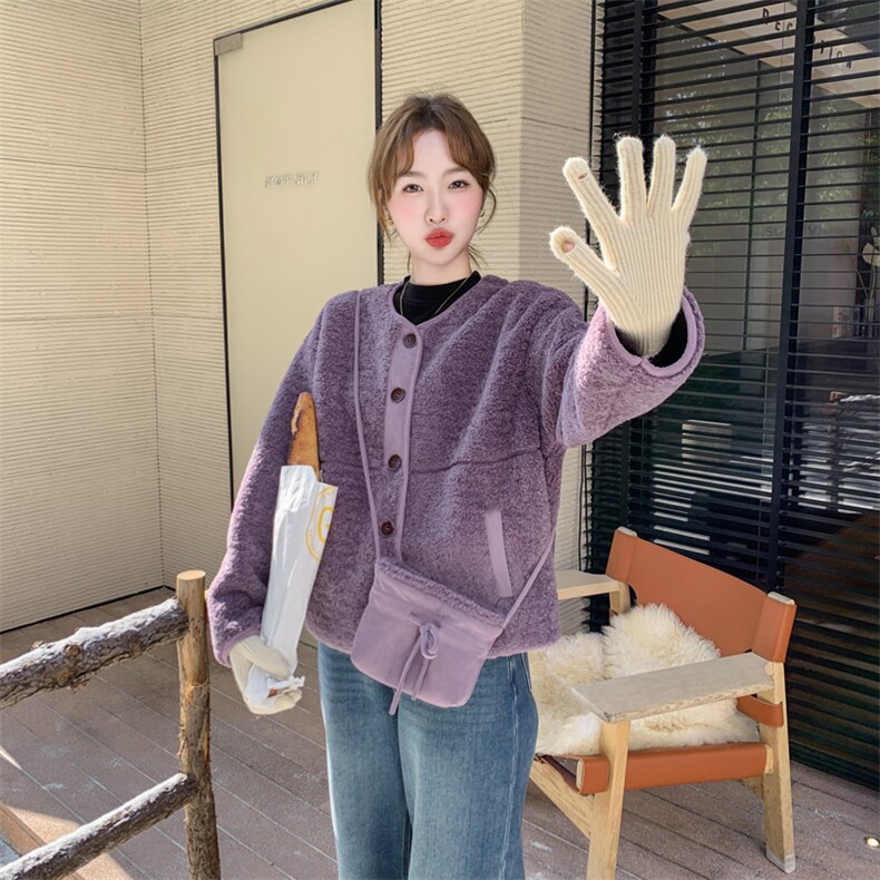 奶乎乎紫色皮毛一体羊羔毛外套女秋冬2025新款设计感短款小众流行,女装皮草,2C092