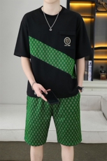 2025新款夏季男装男士运动休闲套装宽松短袖T恤华夫格短裤两件套，男装休闲套装，星座1801