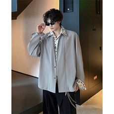 潮流休闲花卉印花领翻领假两件休闲长袖衬衫上衣男潮P55，男装衬衫，电商B319
