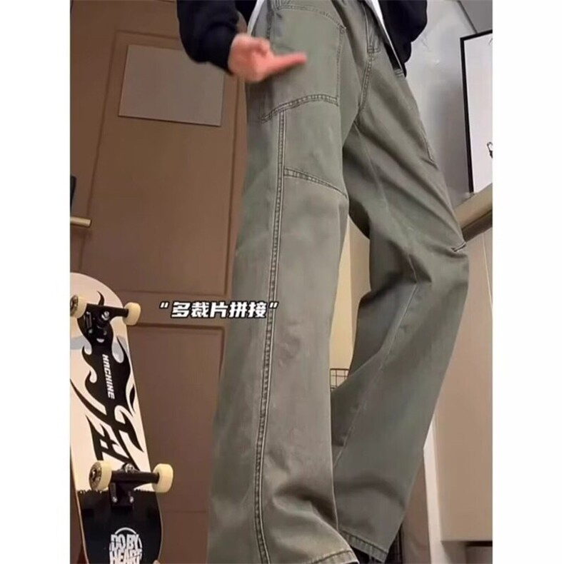 美式复古蓝色工装裤男款春秋褶皱裤子高街微喇宽松高腰直筒裤,男装休闲裤,星座506A
