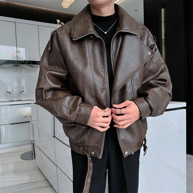 翻领皮衣外套男士欧美风痞帅街头潮流机车服皮夹克衫PU9152,男装夹克,星座516A