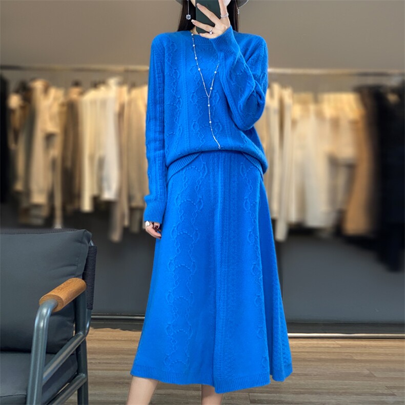 2023秋冬新款羊绒衫长裙两件套女时尚提花加厚显瘦内搭外穿羊毛衫,女装套装/套裙,鹿一羊绒