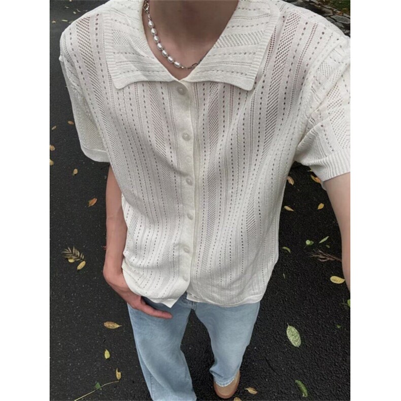 复古衬衫男夏装港风学生宽松小众设计感趣味新款男装上衣外穿图片