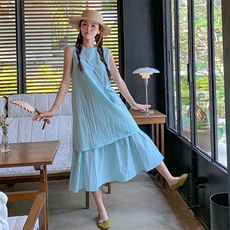 蓝色无袖假两件连衣裙女2025夏季新款韩系宽松休闲显瘦减龄背心裙，女装连衣裙，浙宝305
