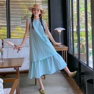蓝色无袖假两件连衣裙女2025夏季新款韩系宽松休闲显瘦减龄背心裙图片