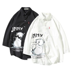 2023年夏季新款日系网格挂拍男猫咪印花宽松七分袖衬衫C3005-P45,男装衬衫,电商A082