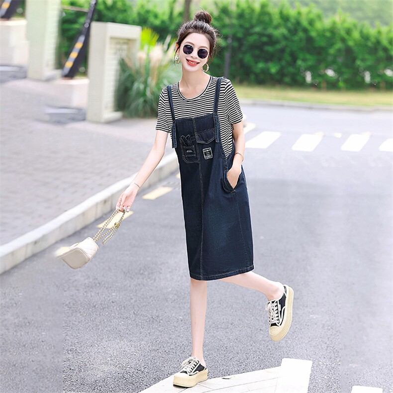 夏季新款时尚休闲背带裙子洋气收腰显瘦小个子假两件牛仔连衣裙女，女装连衣裙，心心服饰