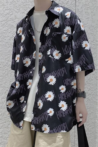 夏季潮牌雏菊短袖衬衫男慵懒痞帅韩版宽松半袖衬衣513-3-C618-P45，男装衬衫，星座512-1（原513-3）