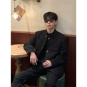 长袖潮青少年新中式小众垫肩西装外套纯色常规中长款慵懒立领XY35图片