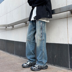 港风秋款男牛仔裤工装拉链大口袋渐变色直筒宽松长裤NK7101P50，男装牛仔裤，星座1013-1