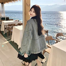 复古慵懒风撞色领牛仔外套大口袋宽松落肩显瘦小个子秋季女装夹克，女装短外套，艾米莉亚