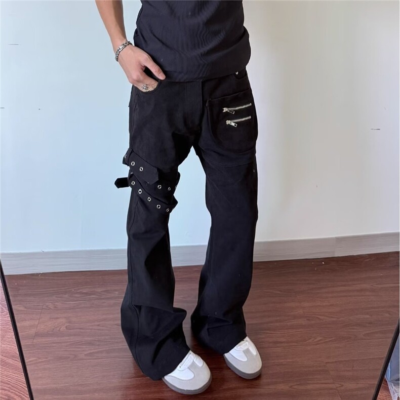 黑色绑带微喇工装牛仔裤情侣ing美式高街喇叭裤子K71556-P57网图,男装牛仔裤,电商B245
